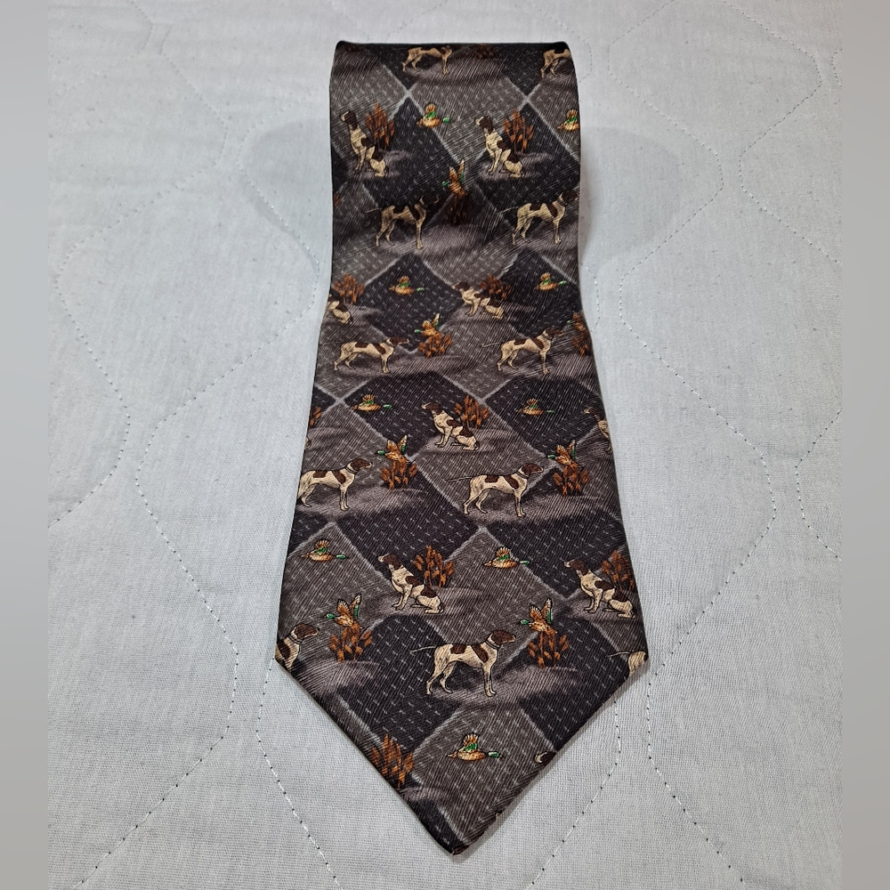 Duke Bird Dog 💯 Silk Designer Tie 57"x4" Gray/Black/White Duck Hunting Apparel